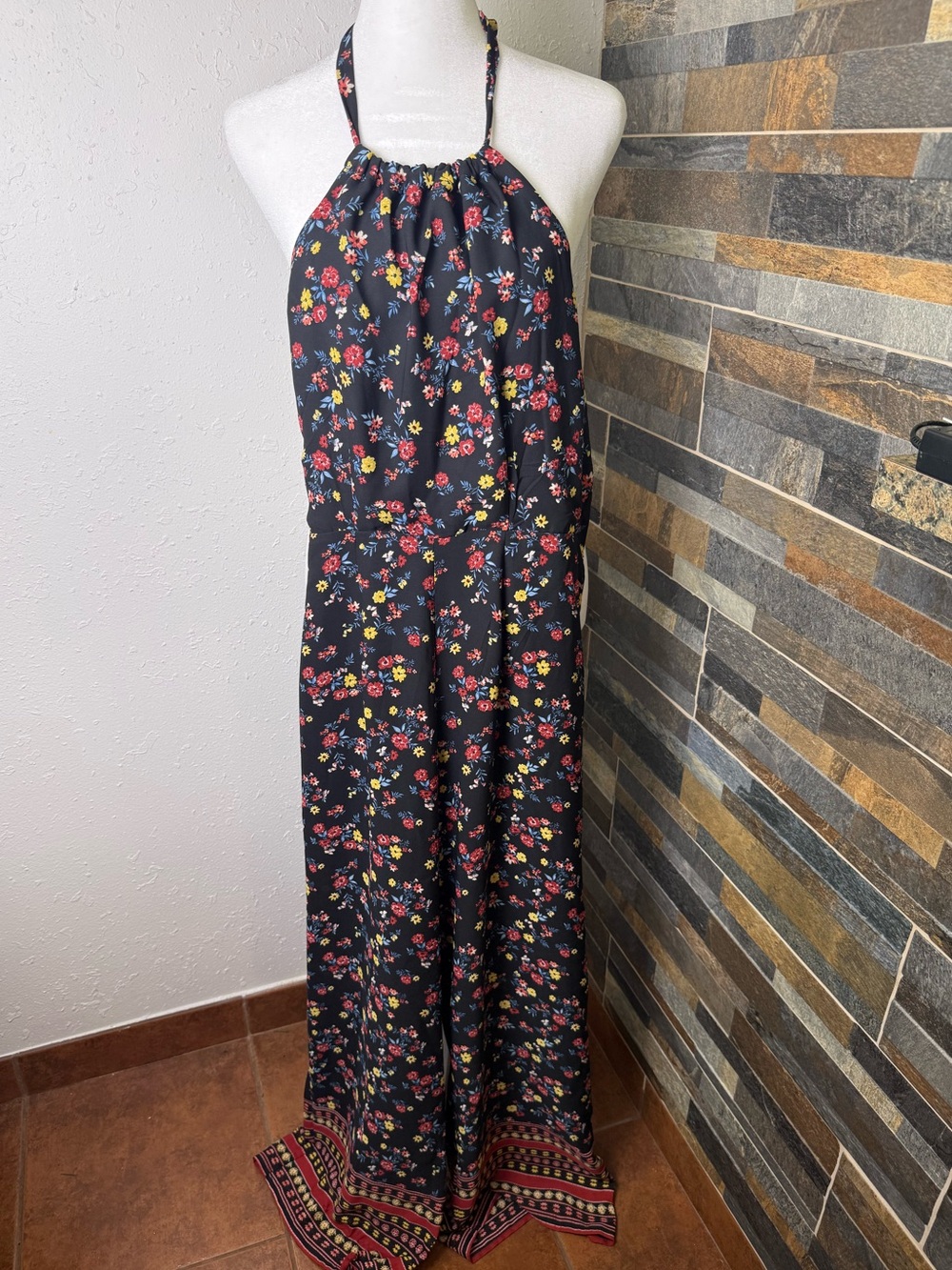 Active USA Black Halter Floral Jumpsuit with Red & Yellow Accents Size Small